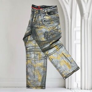 Men's Makobi Big & Tall Silver | Gold Foil Denim Pants NWT